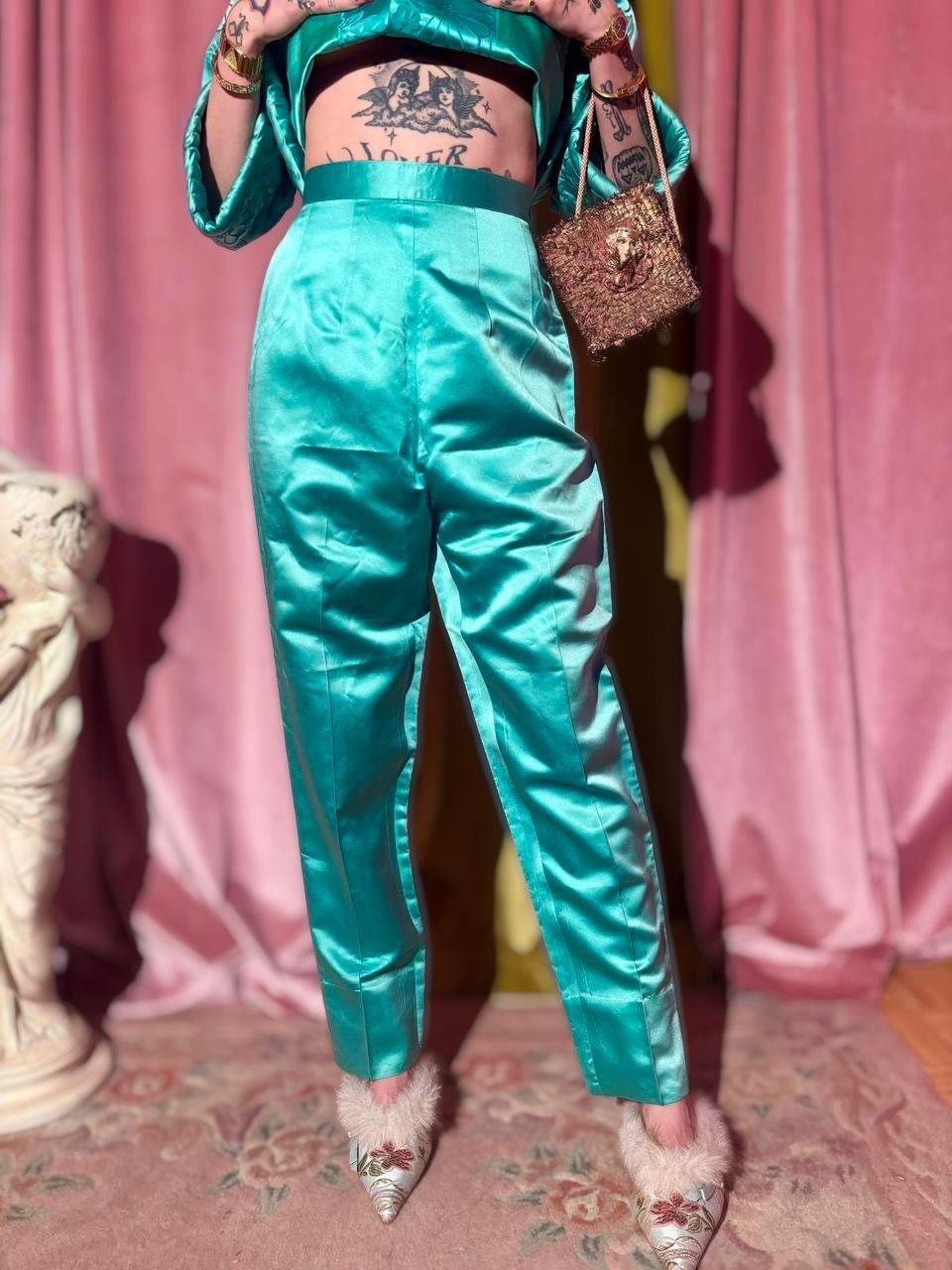 1960s Dynasty Hong Kong Jade Satin Pant Set With Floral Embroidery, Size S