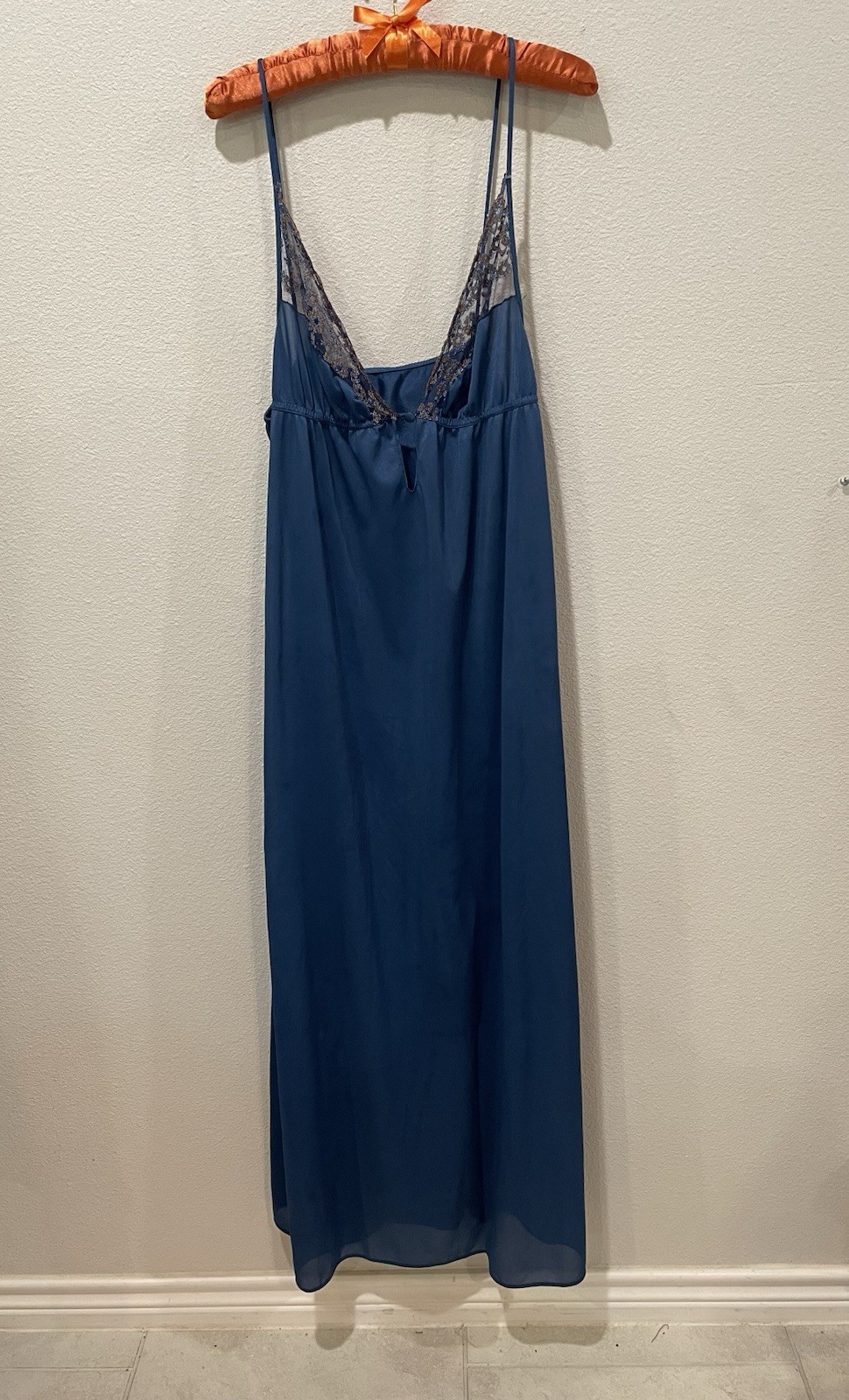 Vintage Sheer Madness Blue Lace Long Slip Dress Gown Nightgown Large