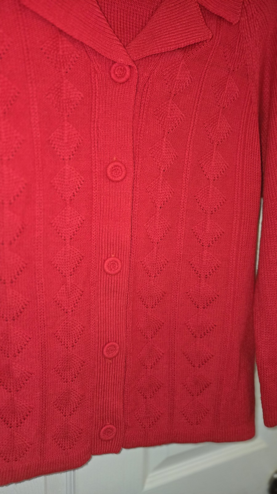 Eileen Women’s S/M Classic Red Collared Cable Knit Cardigan Button Sweater