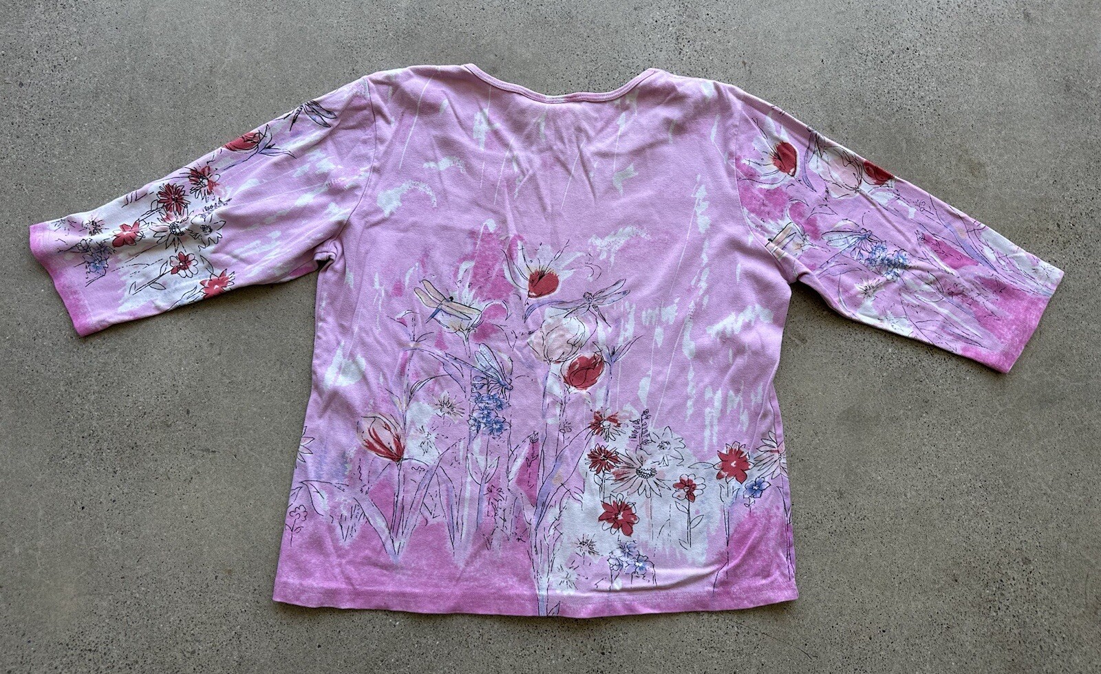 Vintage Y2K Take Two Clothing Co. Pink Sequin Floral Dragonfly Garden Shirt Sz M