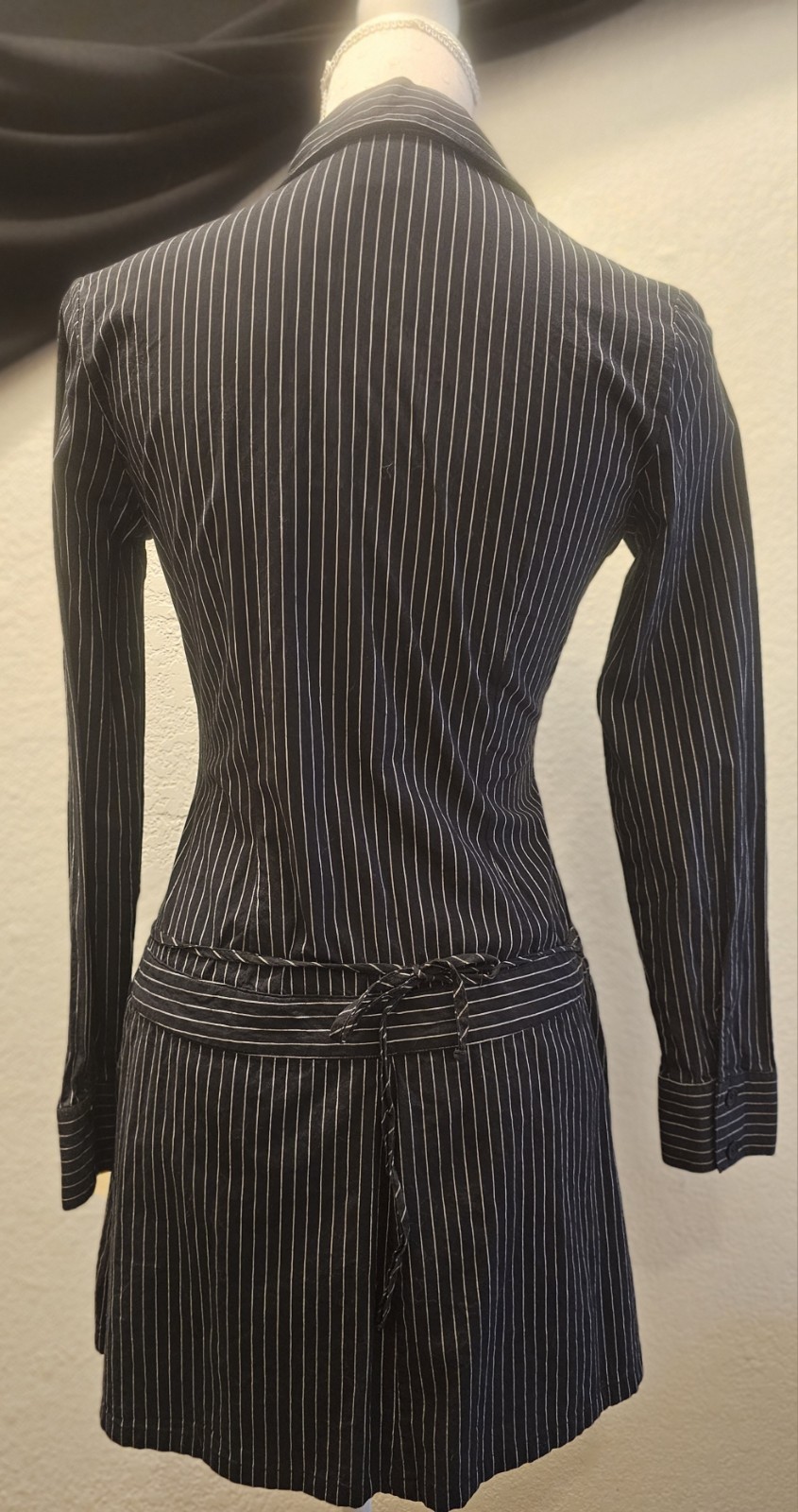 Y2K Vintage Aqua Blues Pinstripe Mini Dress Sz 5 Longsleeve Wrap dress