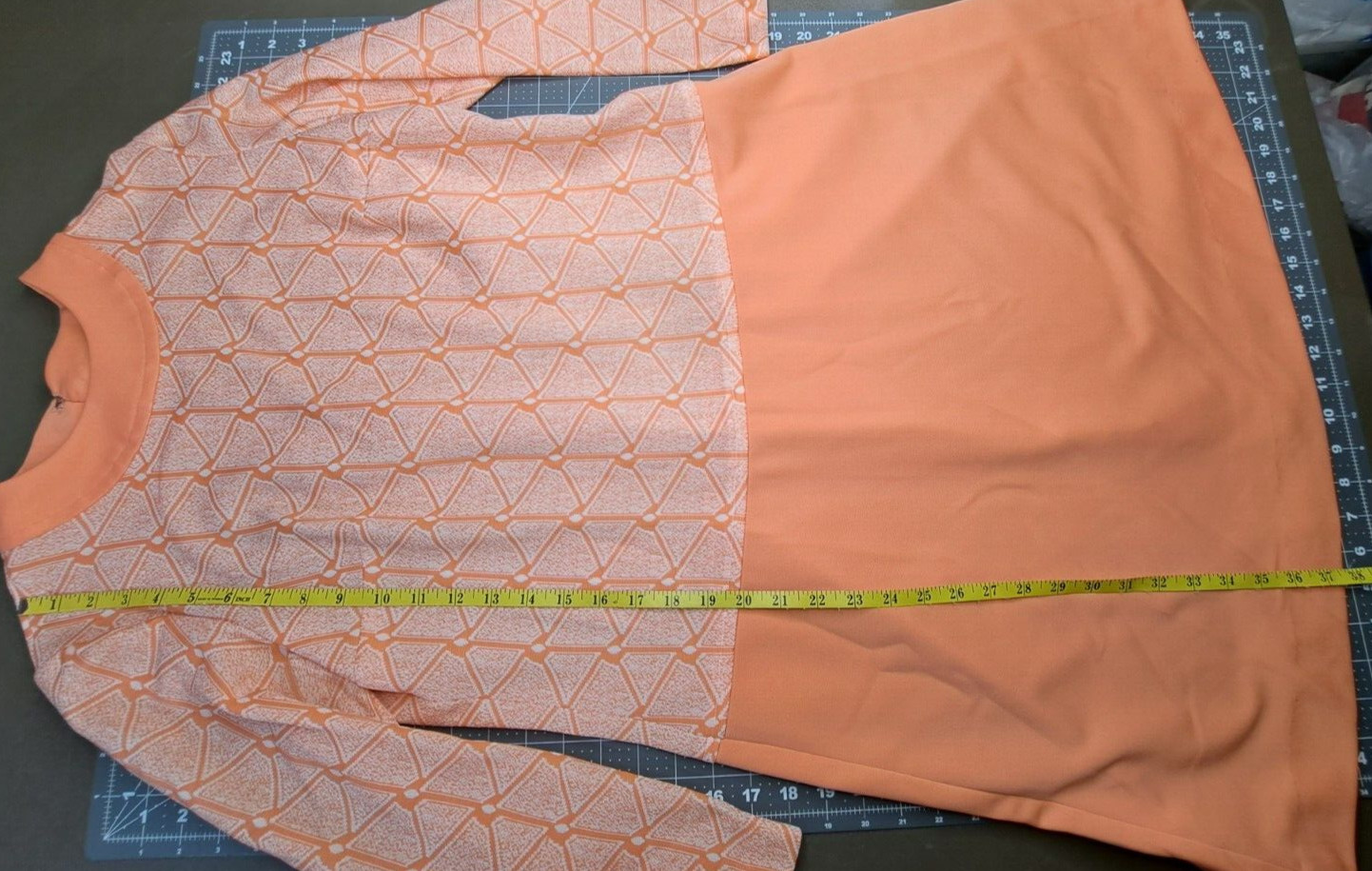 70s Handmade Shift Dress Orange White Double-knit Long Sleeve Back Zip 12