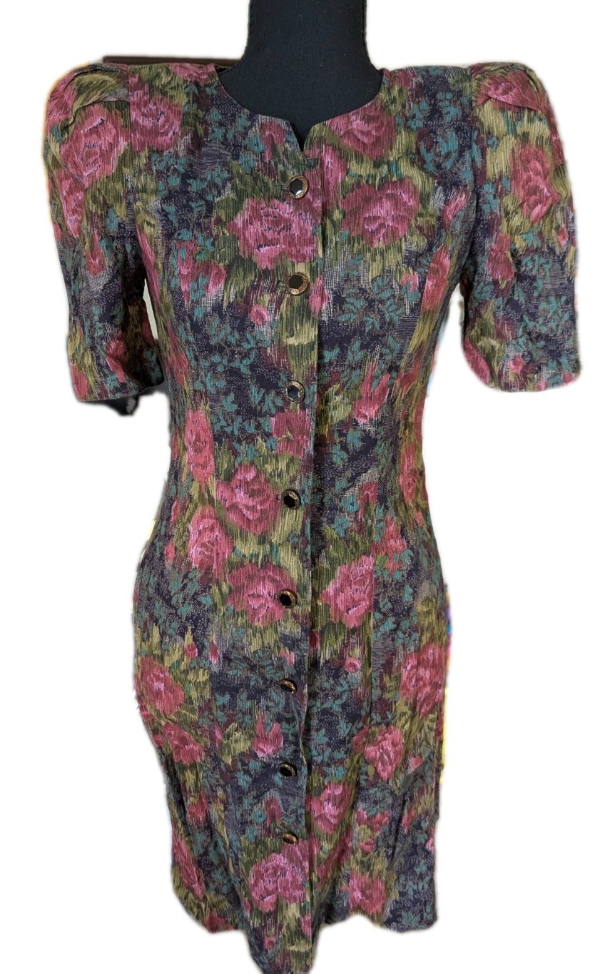 Vintage 80s Floral Button Down Dress W/ Puff Sleeves And Bow On Back Size 2