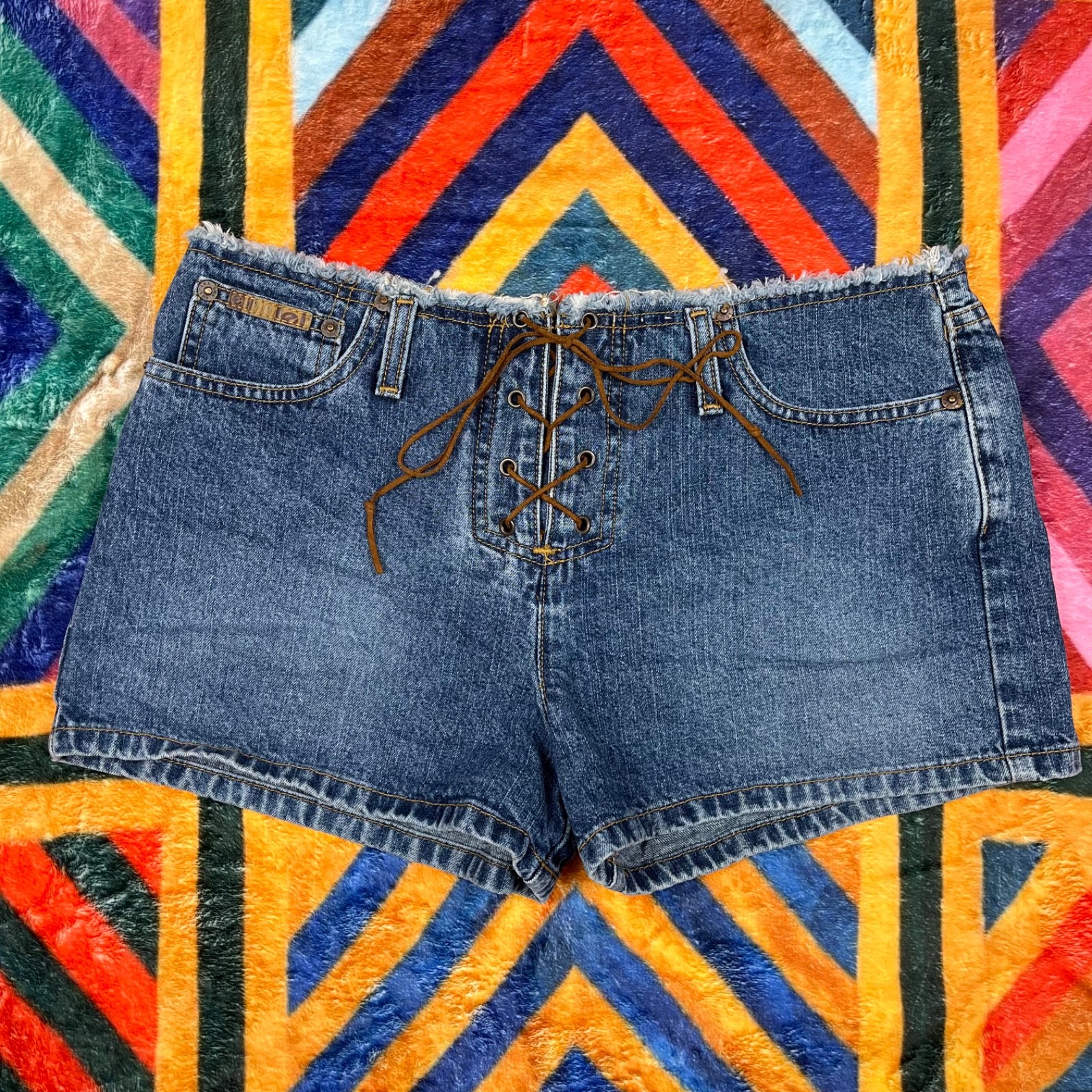 Vintage Y2K LEI Leather Lace Up Front Denim Jean Shorts Size 9