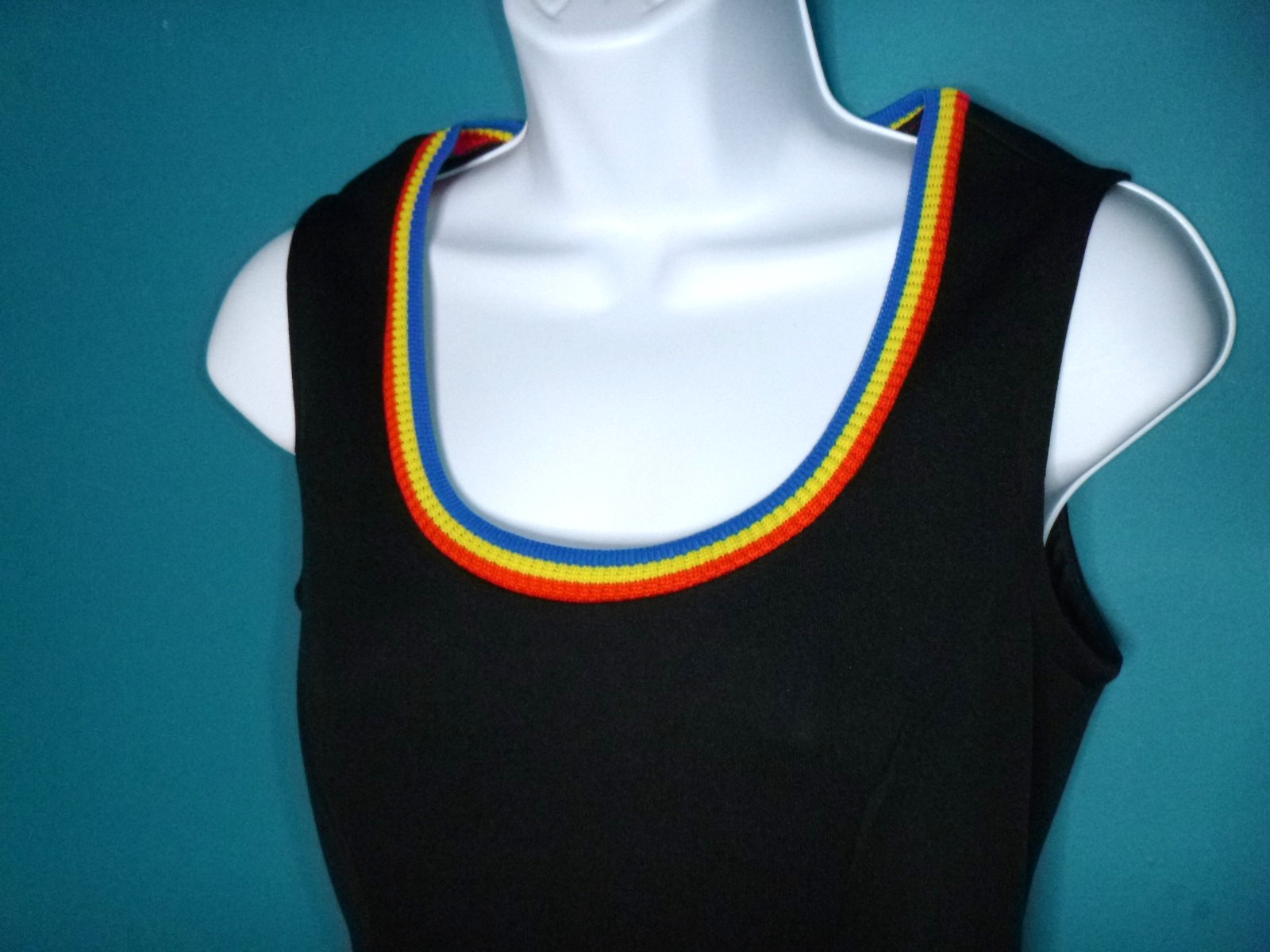 Vtg 70s Kelly Arden Stretch Poly Mini Dress W/ Cardigan Black Rainbow Trim Sz S