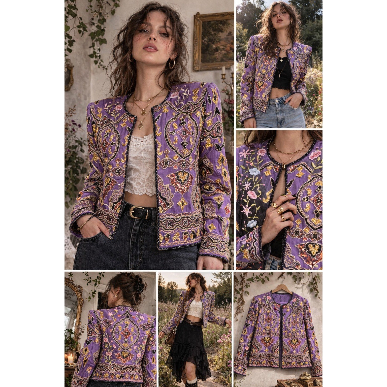 Vintage Beaded Silk Jacket Maximalist XL Purple Sequin Open Festival Art Deco