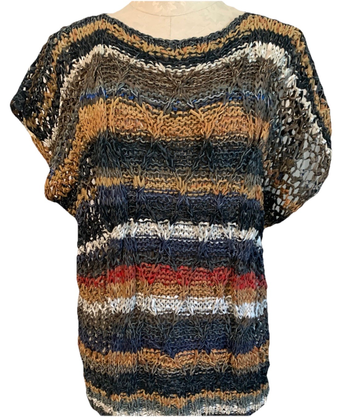 Tunic Sweater Top 100% Leather Hand Knit Open Weave Made In Turkey Vintage