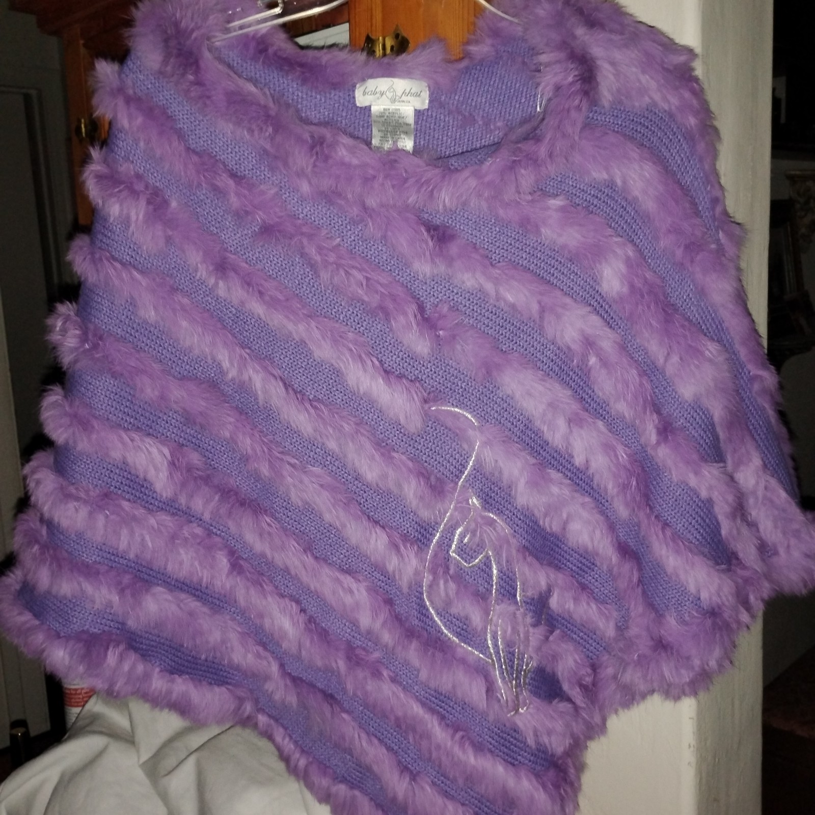 VTG BABY PHAT purple knit poncho pullover genuine Rabbit fur emb cat logo one sz