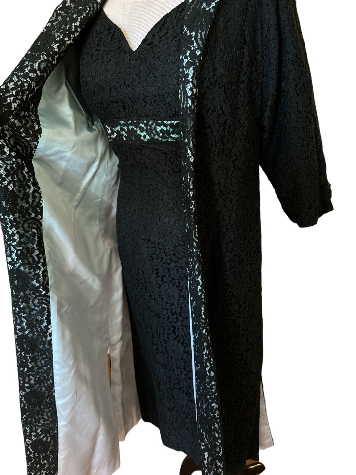 Vtg 50/60’s Two Piece Black Robins Egg Blue Lace Dress Long Coat Sz 4/6 (?) 28”