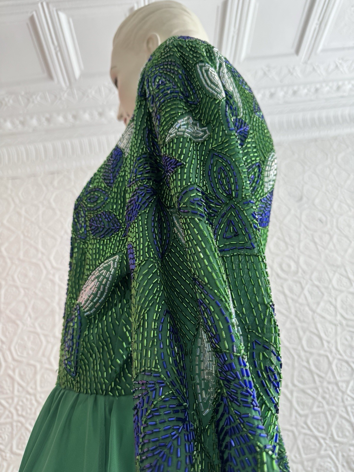 1980s Green Beaded Chiffon Cocktail Dress-Floral-Foliage-Glam-Hollywood-S/M