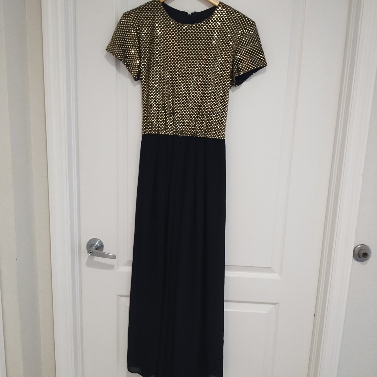 VTG 80s Nightway Collections Short Slv Metallic Gold/Chiffon Black Jumpsuit Sz 4