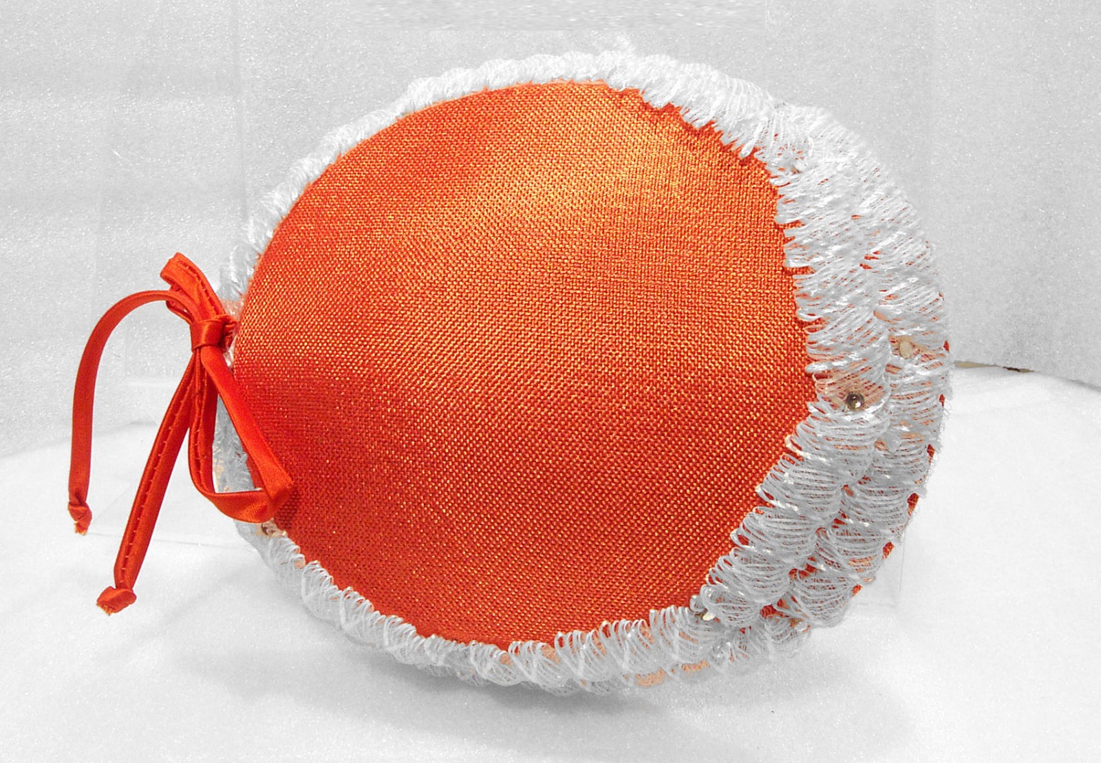Orange Hat /White Trim with Rhinestones Side Prongs Satin Tie Bow Vintage 50’s