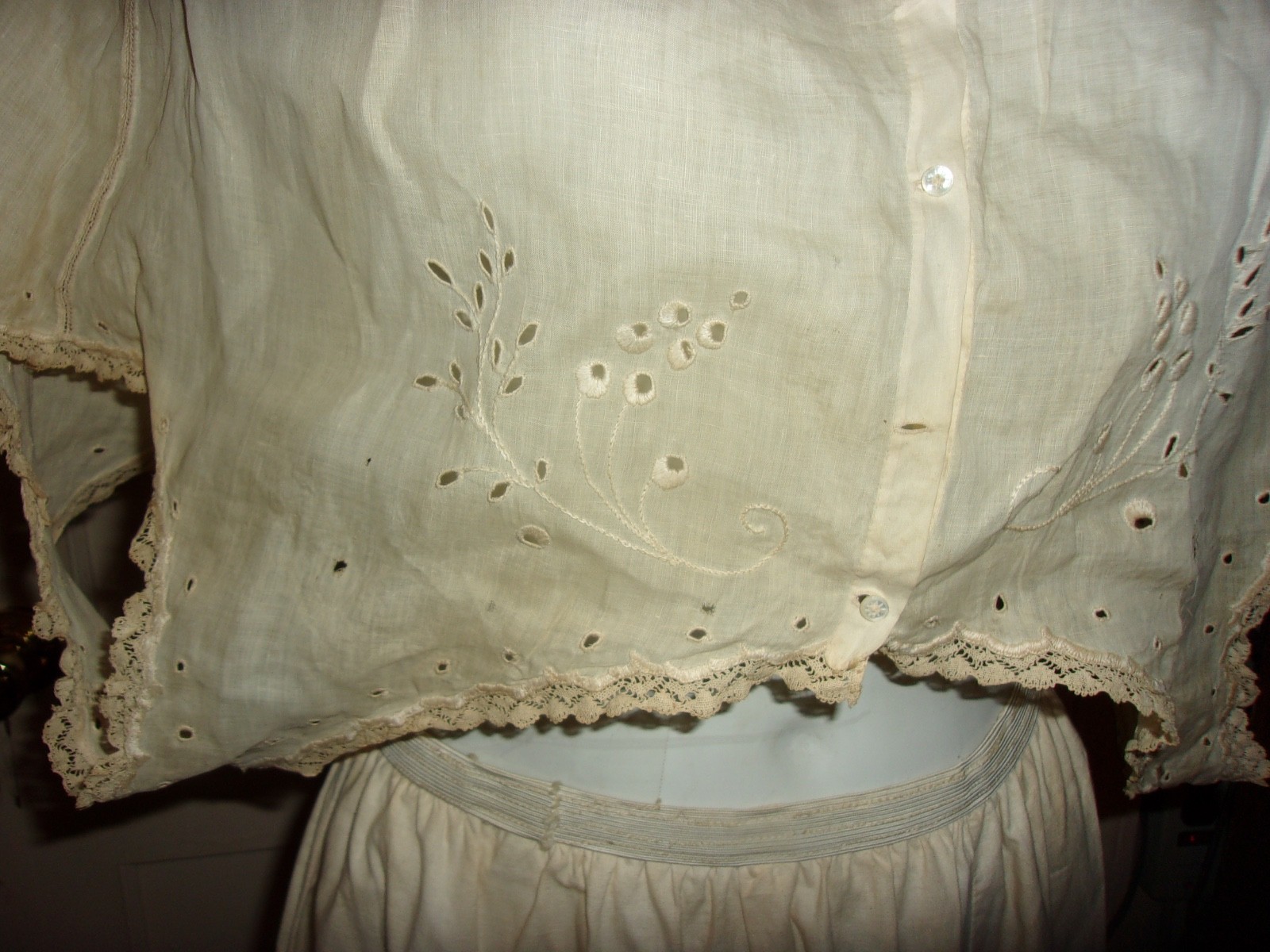 Antique Edwardian Camisole /Petticoat Tan Cotton Embroidered Eyelet Lace