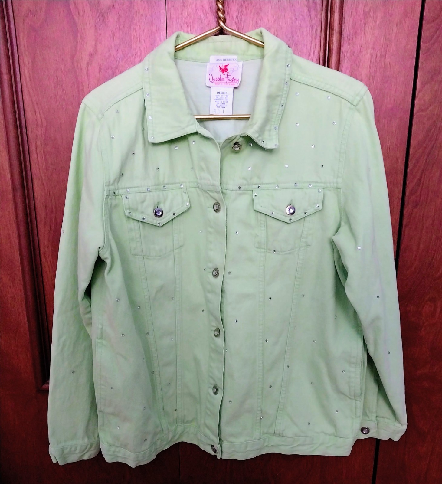 Vintage Green Jacket,”Quaker Factory”Size Medium,Two Chest Pockets,Elastic Waist