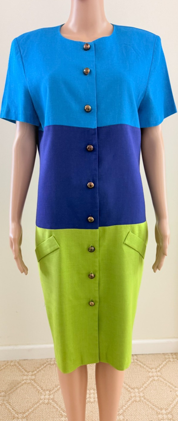 Vtg. SAKS FIFTH AVENUE Rayon/Linen Blend Color-Block Dress Size 10