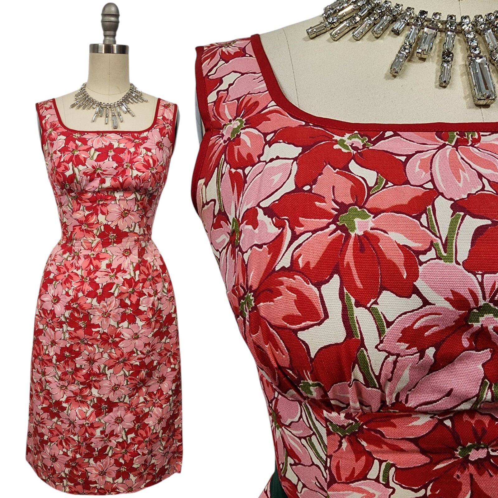 Vtg 50s Holiday Floral XS Dress Cotton Poinsettia Red Wiggle Fitted Square Neck