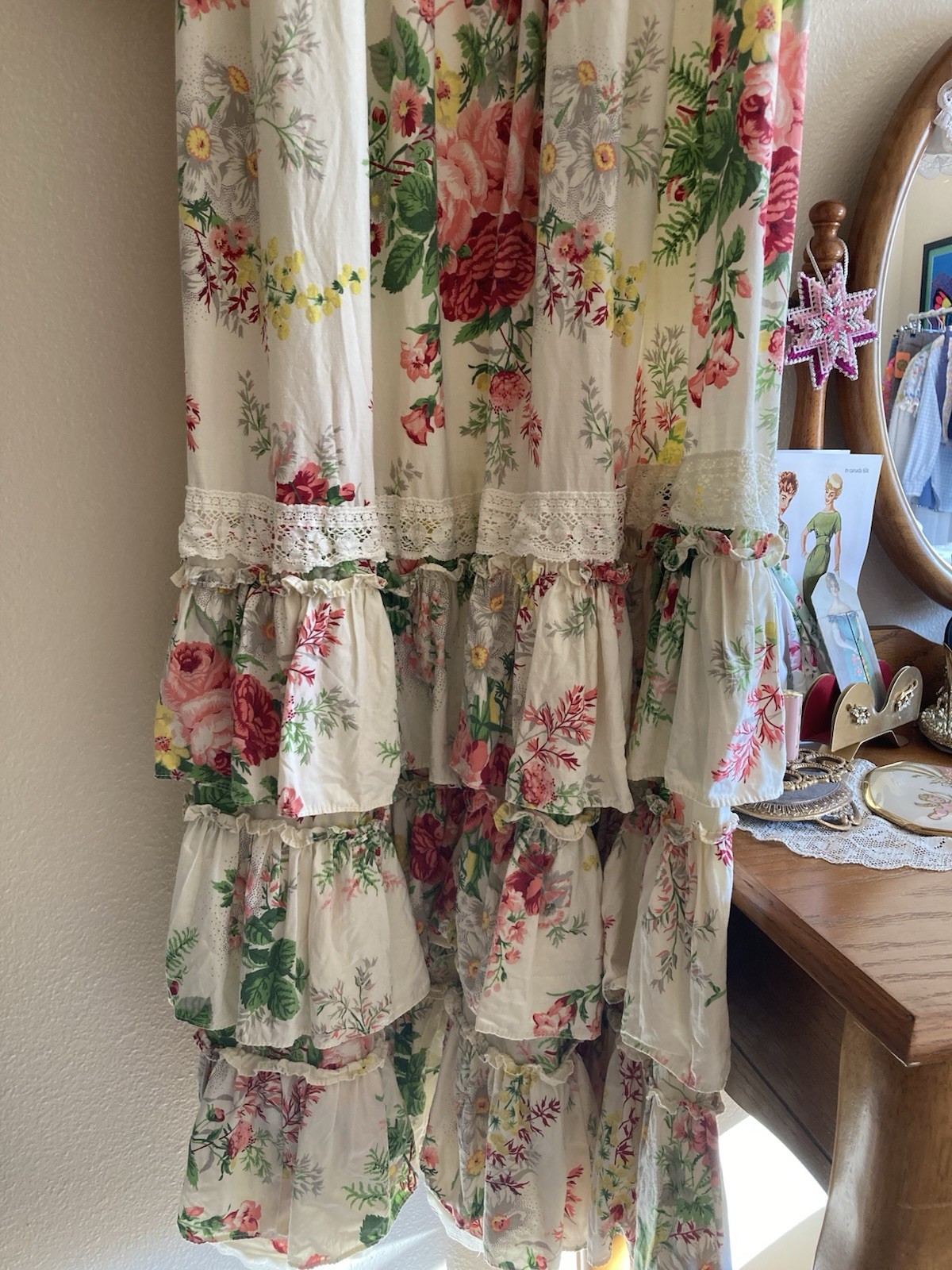 1970s Dreamy Floral Lace & Ruffle Maxi Dress, Bust 34in