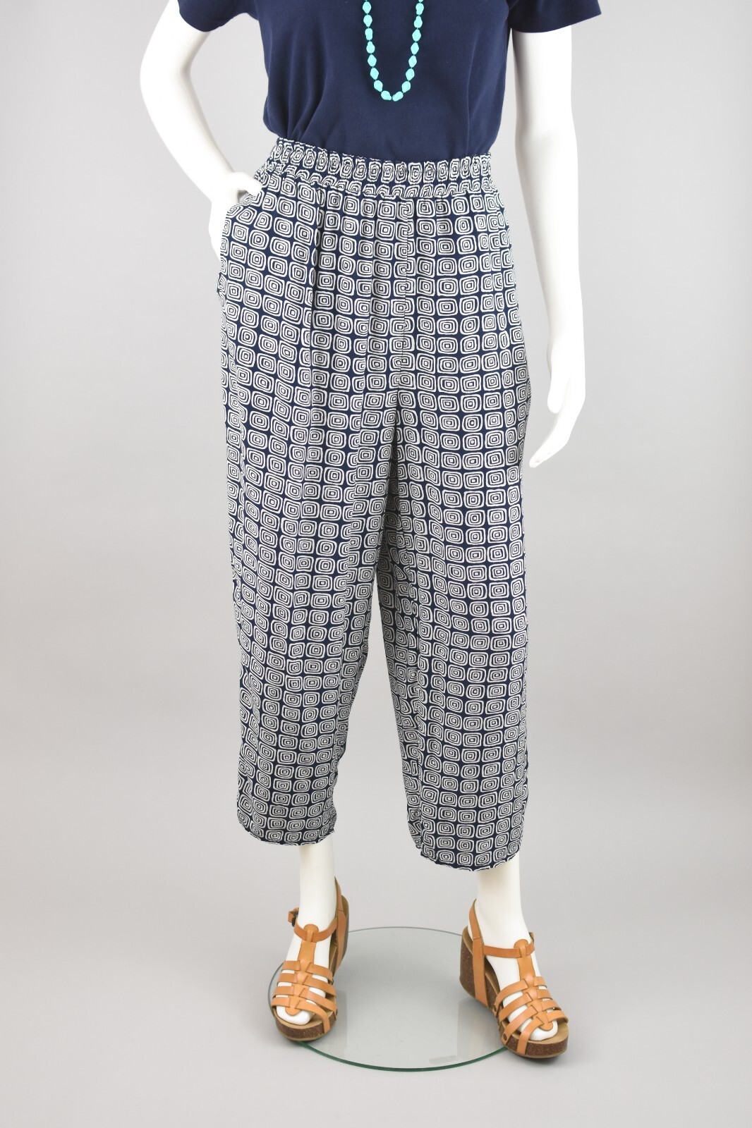 Vintage Navy Blue & White Elastic Waist Easy Pants, Women’s 28 – 33″ Waist