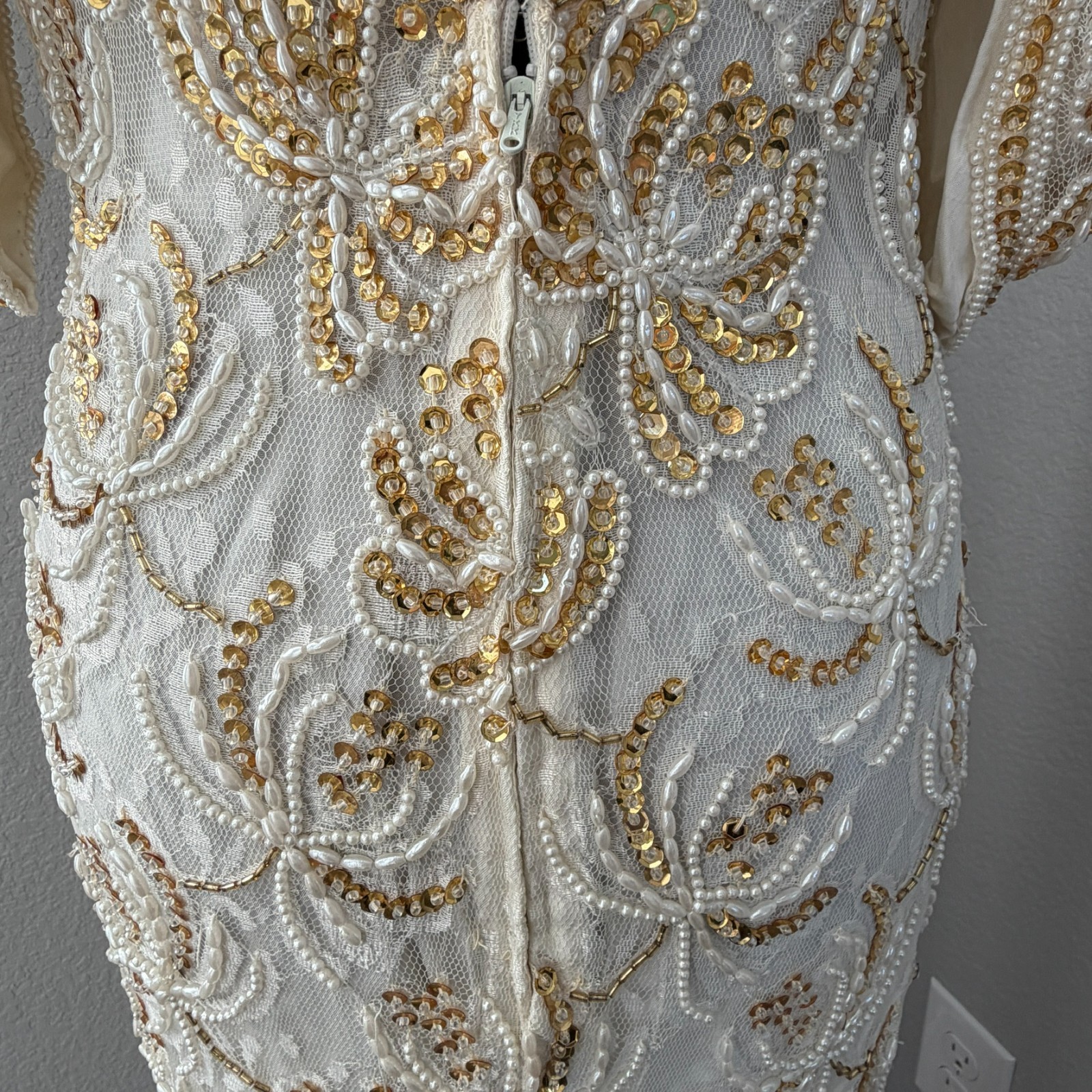 VINTAGE 80s Judith Ann Creations Ivory Gold Beaded Sequin Gown Dress Small