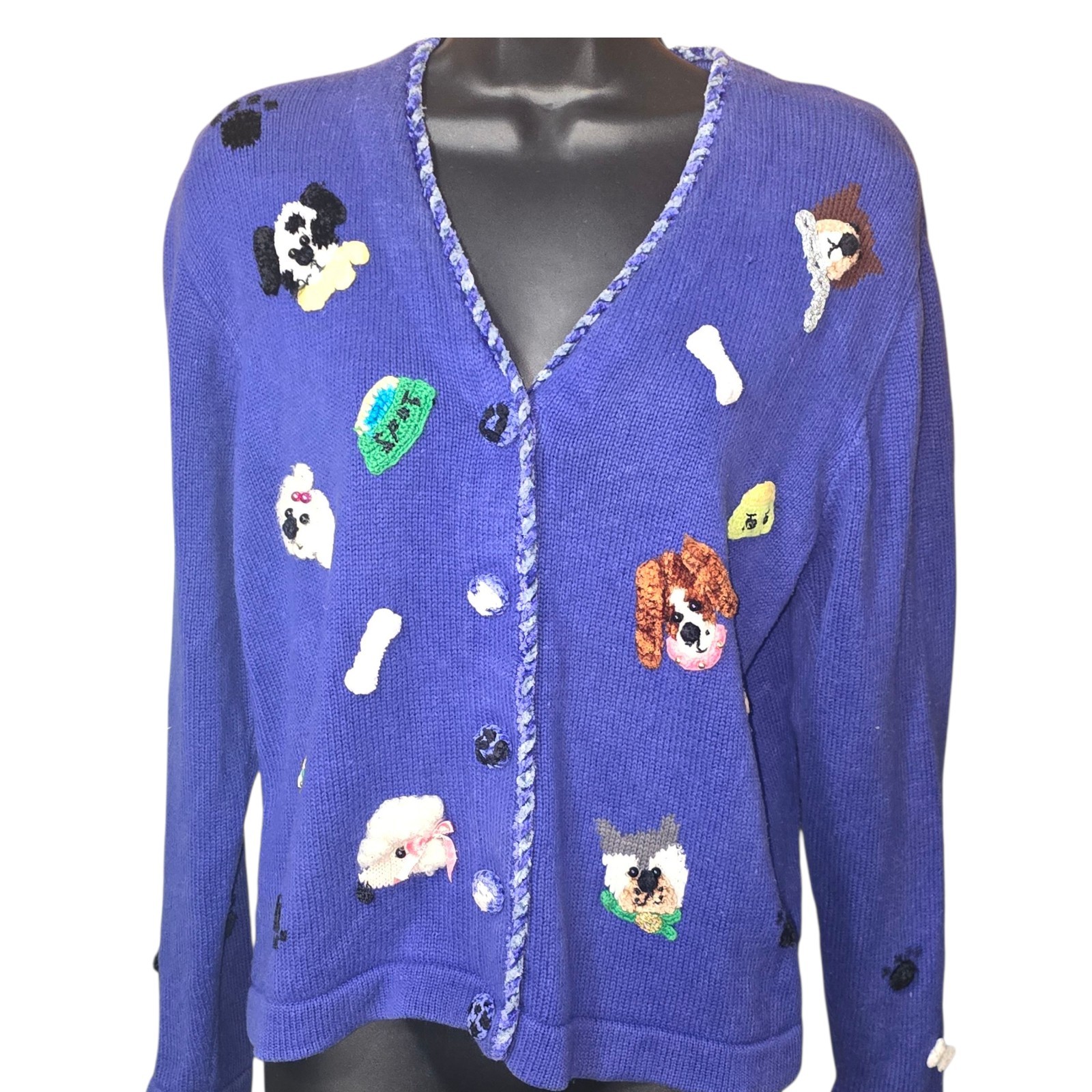 VTG Jack B Quick Dog Cardigan Royal Blue Bones Paws Bowls SZ MD Buttons Ruff Pup