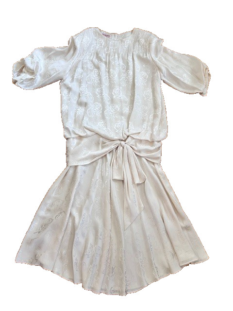 Jack Mulqueen Vtg 80’s Evening Dress Sz 8 Ivory Floral Jaquard Silk Drop Waist