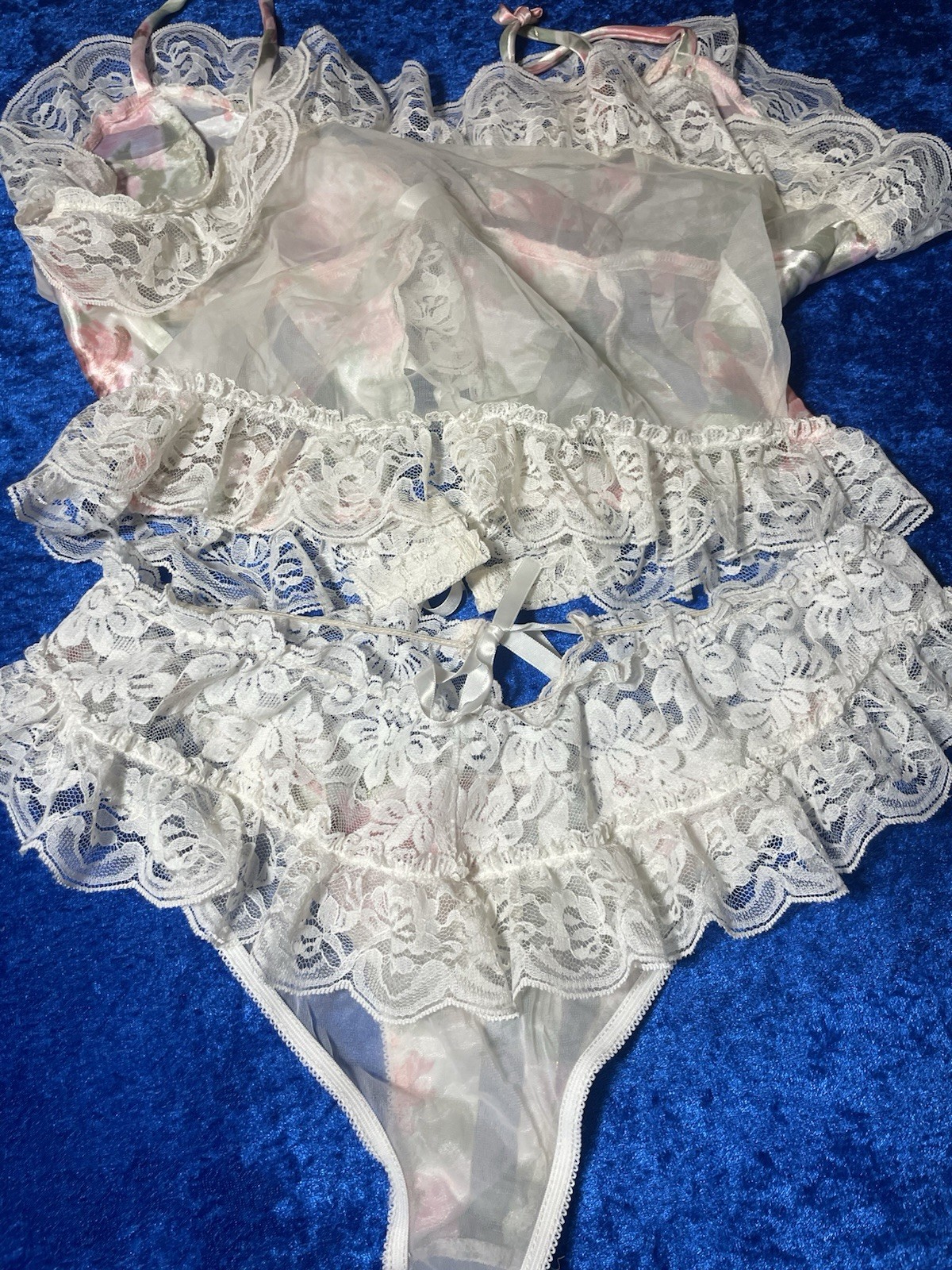 Vintage Jessica Intimates Lingerie Set Frilly Lace Camisole Panties Mesh Sissy