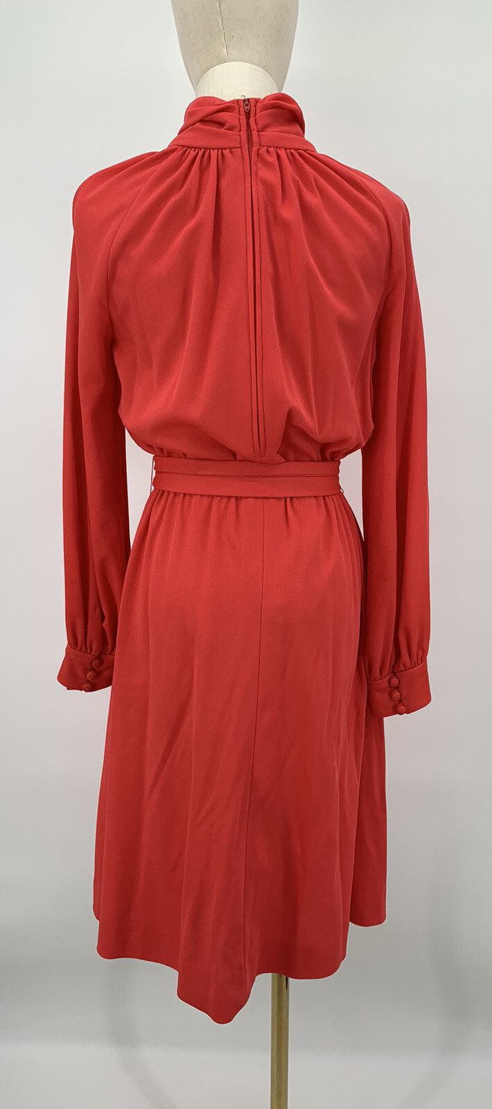 Vintage 70s Carlye Secretary Holiday Red Dress Belted ILGWU Tag High Neck Talon