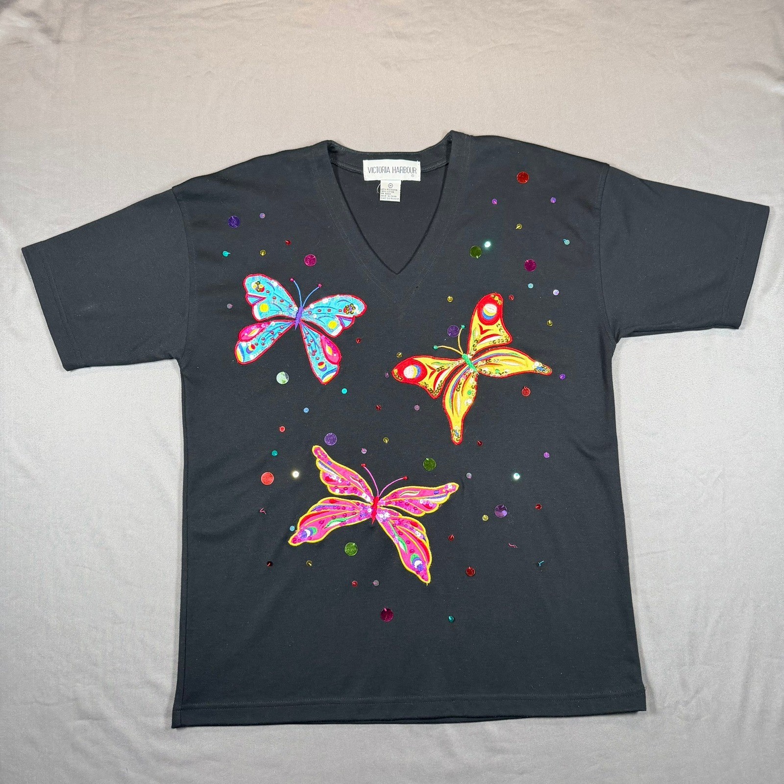 Victoria Harbour Vintage Butterfly Sequin Beaded V-Neck T-Shirt Black Womens M