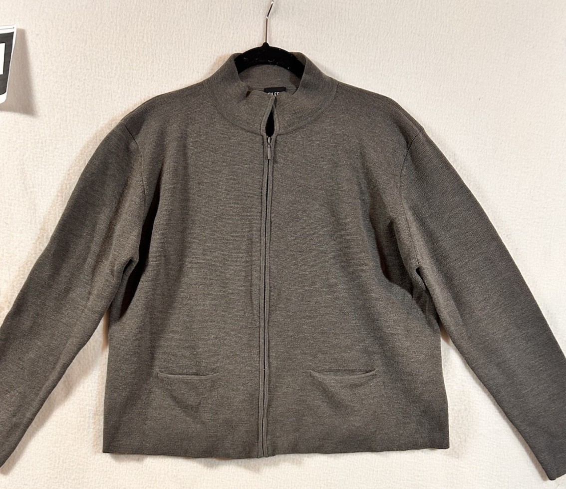 Eileen Fisher Washable Wool Crepe Zip Front Jacket Sz L Tan Sweater Minimalist