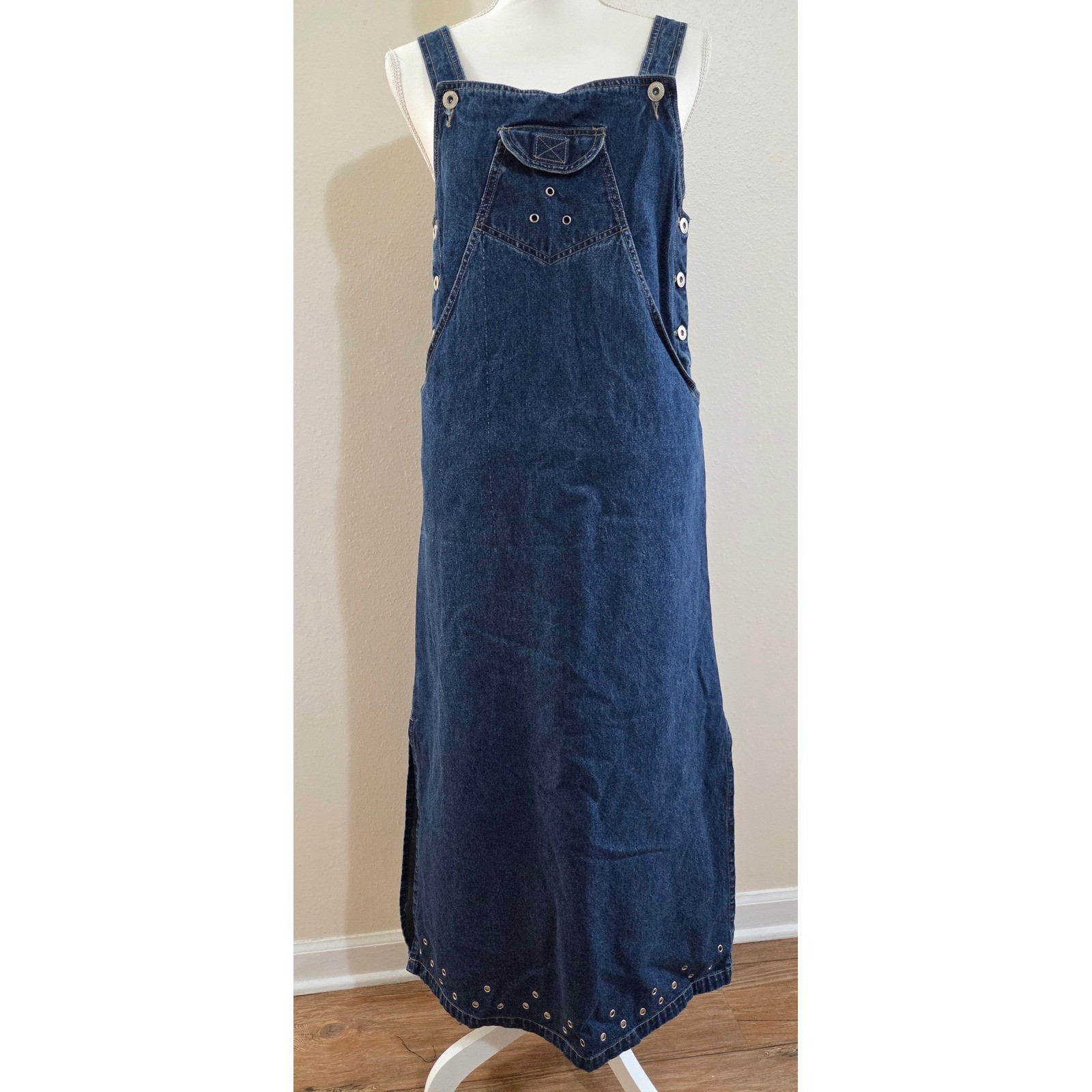 Sunshine Apparel Vintage Denim Overall Maxi Dress Dark Wash Grommet Detail Small