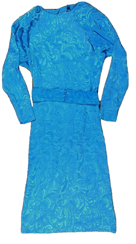 Vintage 80s Darian Satin Dress Blue Damask Print Belted Long Midi Retro Small