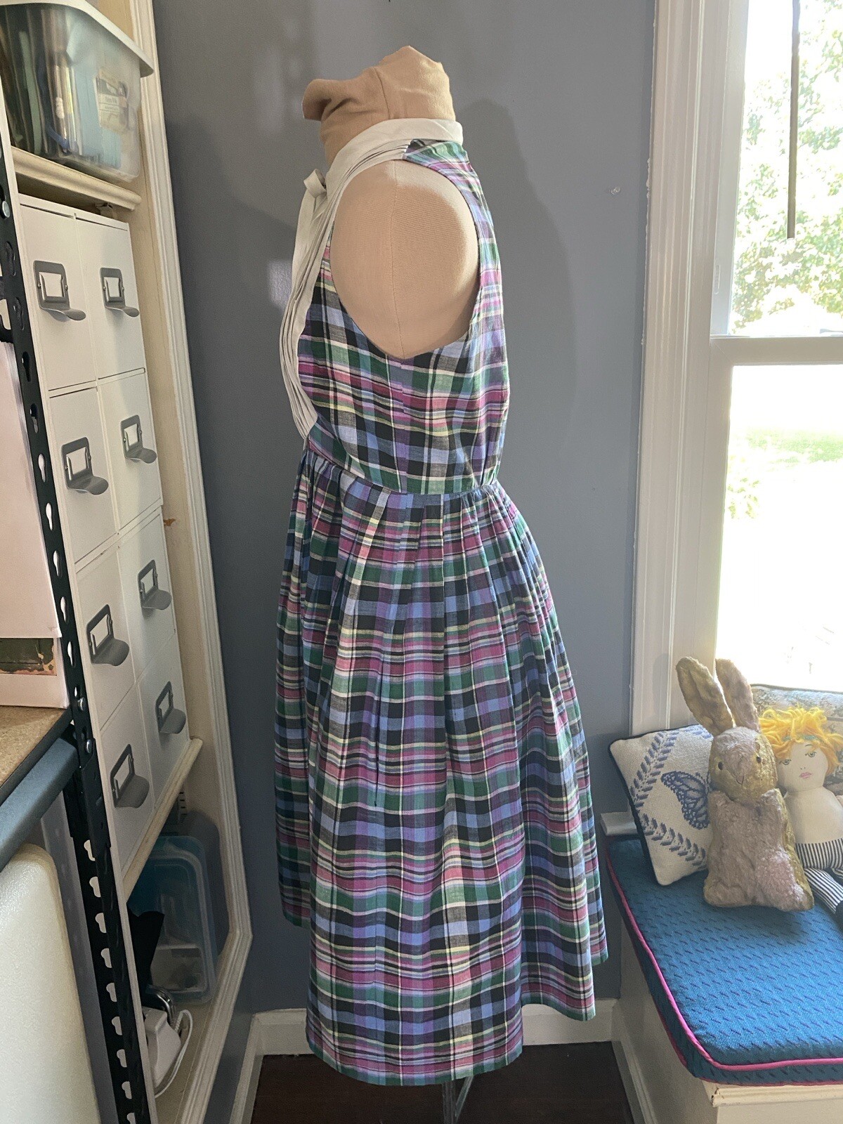 RARE VTG 1982 Frank Masandrea Resort Collection Madras Plaid Dress W/Pockets
