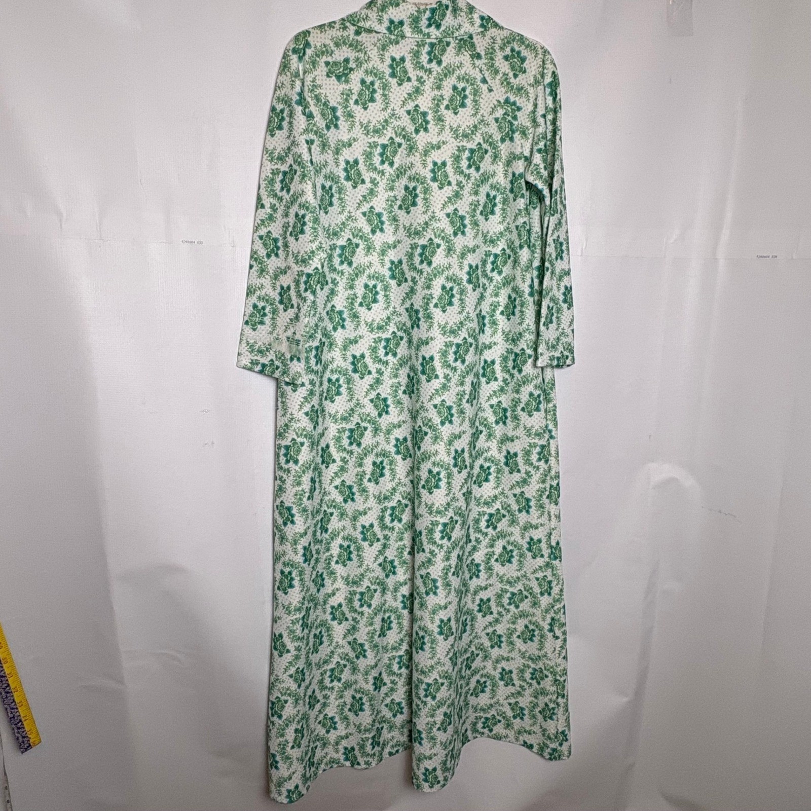 Vintage Elaine Sklar Green Floral Zip Front Maxi Robe Housecoat Pocket Small