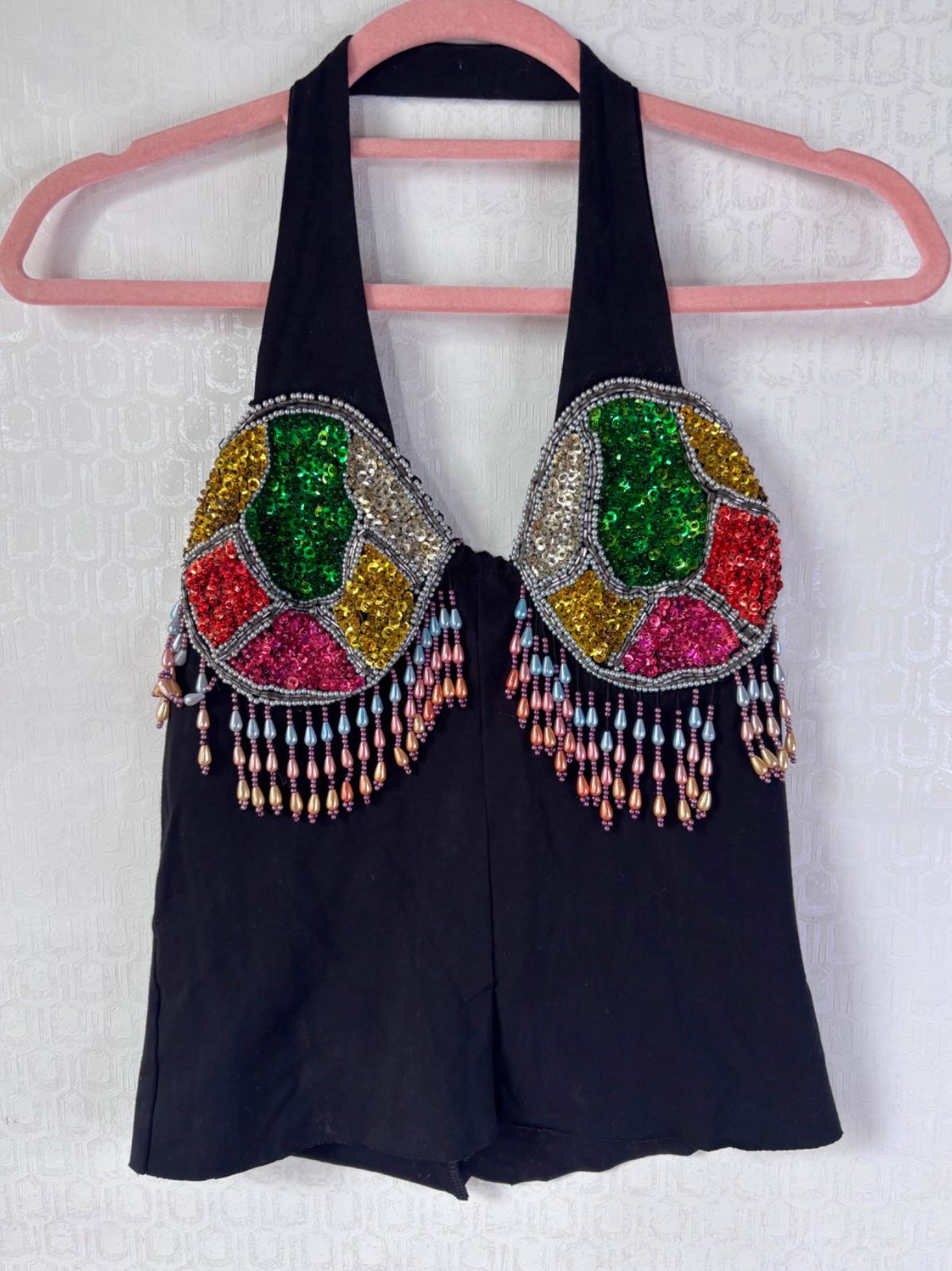 VTG Y2K BLACK PINK SEQUIN&FRINGE BEADED EMBELLISHED CAMI CROPPED TANK TOP*XS/S