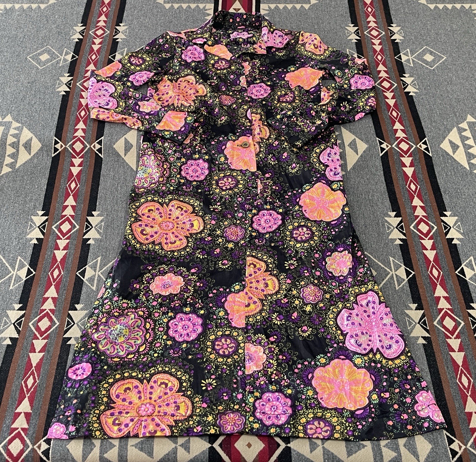 Vintage 60s 70s Psychedelic Floral Prairie Maxi Dress S/M T47