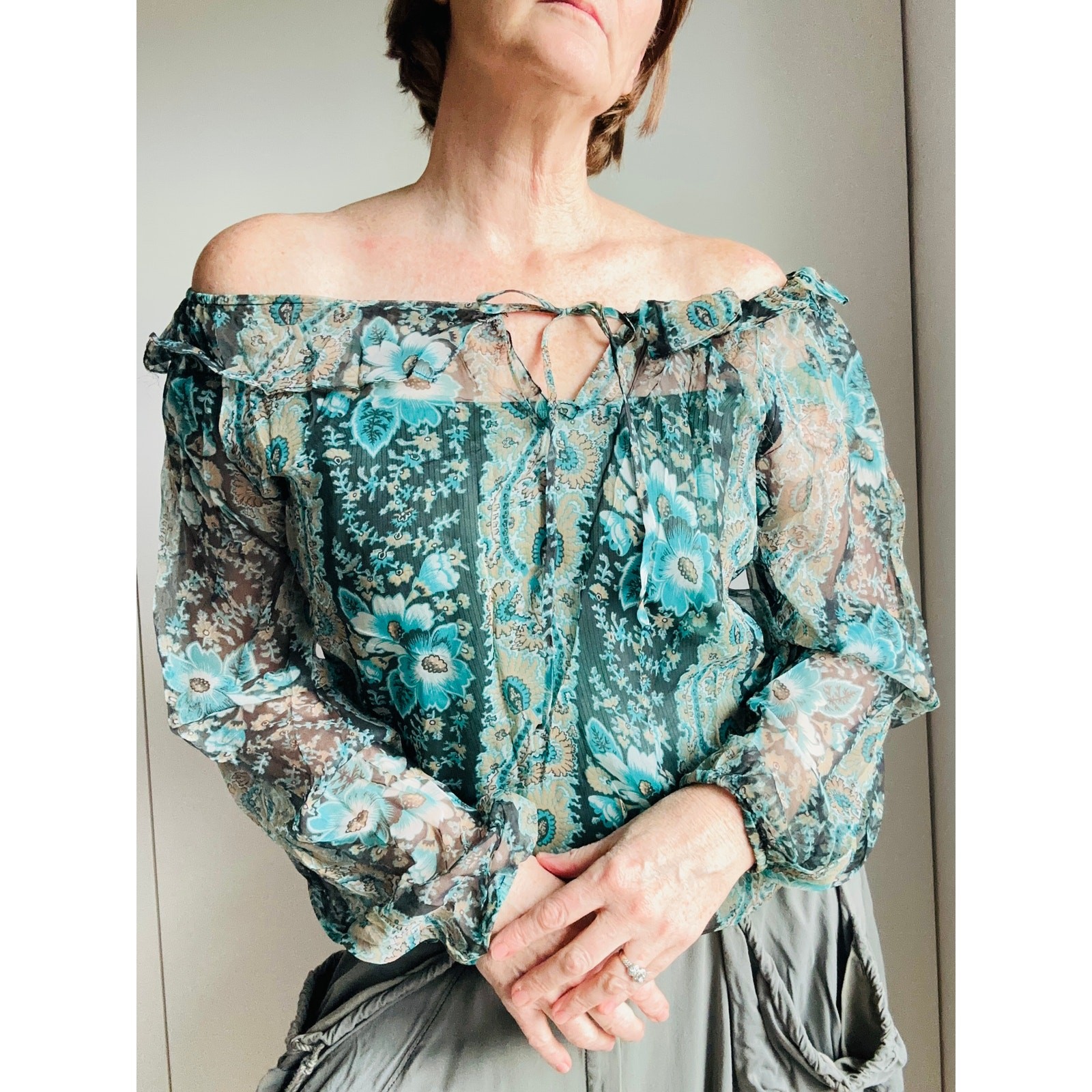Womens Vintage Sheer Floral Poet Blouse Teal White ruffled Collar Designer