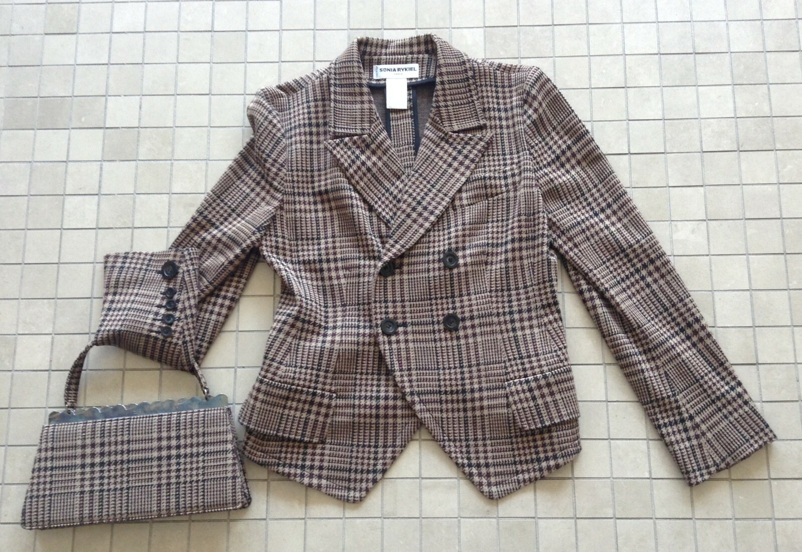 80s SONIA RYKIEL Houndstooth Knit Fitted Blazer/Jacket w/Matching Handbag sz40/8