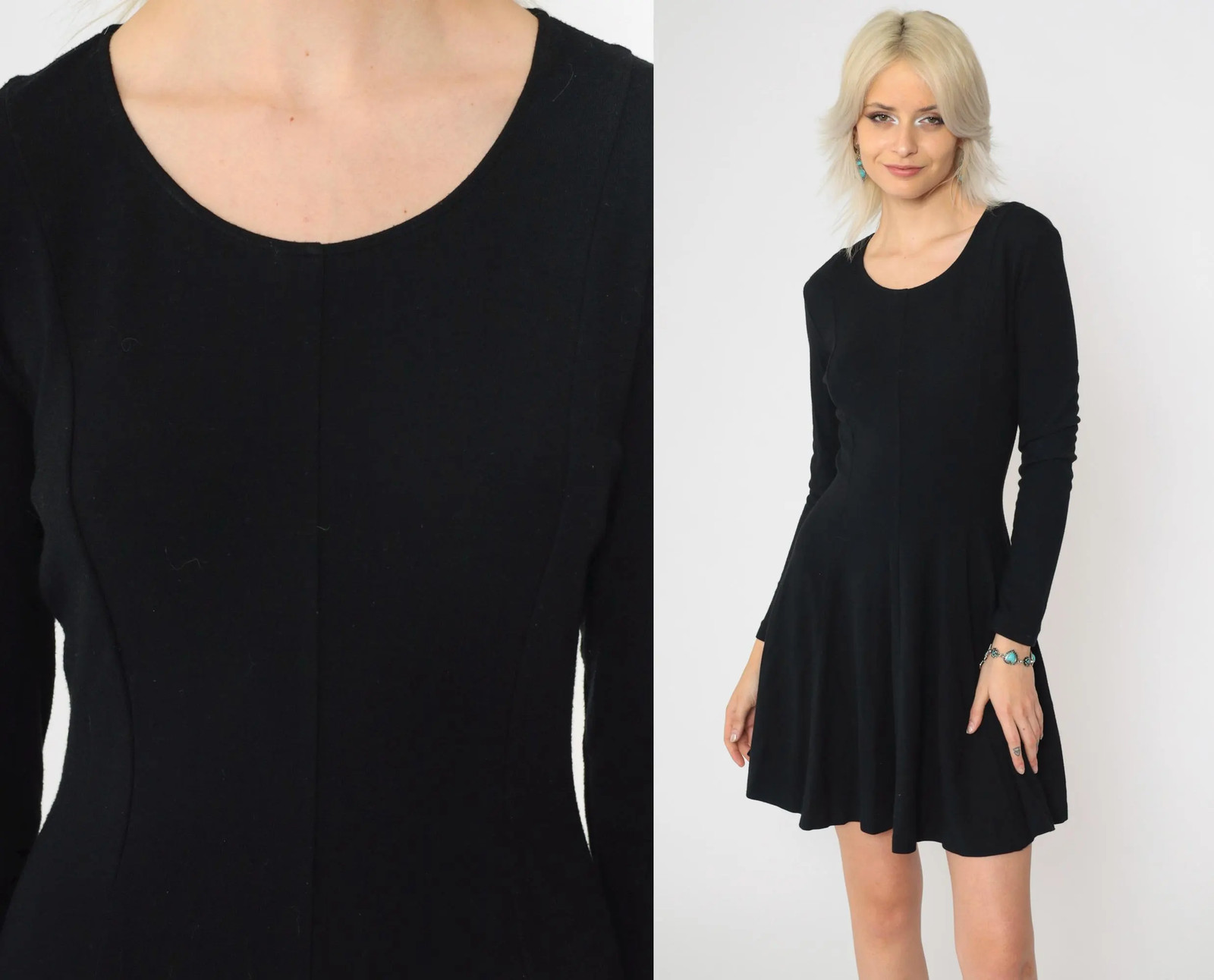 90s Norma Kamali Black Dress Vintage A-Line Skater Lace-Up Back Long Sleeve Scoo