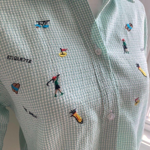 Vintage Mint Gingham Golf Embroidered Button Up Shirt Country Club Preppy