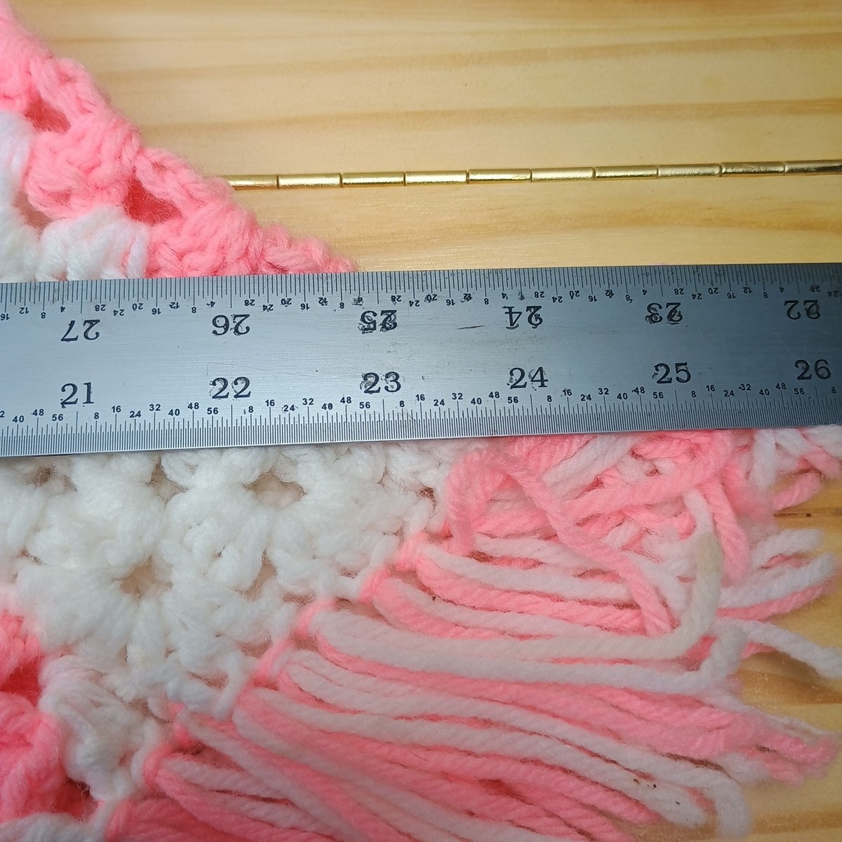Hand Knit Granny Square Shawl, Cape, Wrap With Fringe Small Pink White Vintage