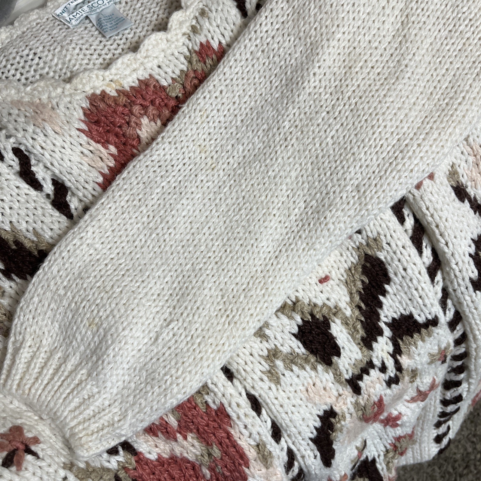 Vintage Women’s L Sweater Jamie Scott Soft Ivory Floral Drop Shoulder Cotton 80s