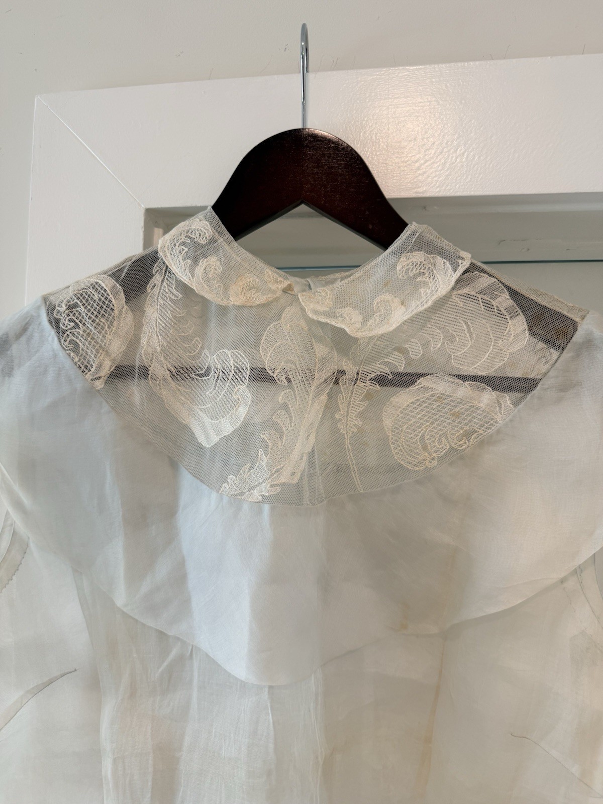 Vintage 1930s Sheer Blue Organdy Blouse Embroidered Lace Ruffle Collar Art Deco
