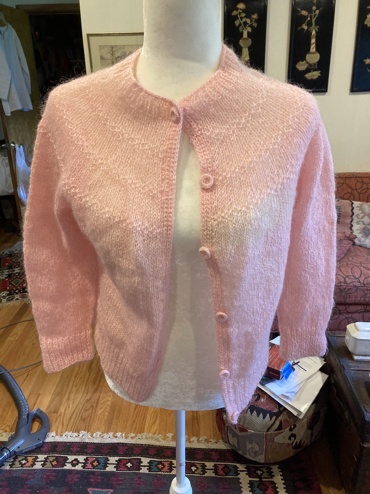 Vintage 1950’s McMullen Import Pink Hand Knit Mohair Blend Cardigan Fab! Sz M