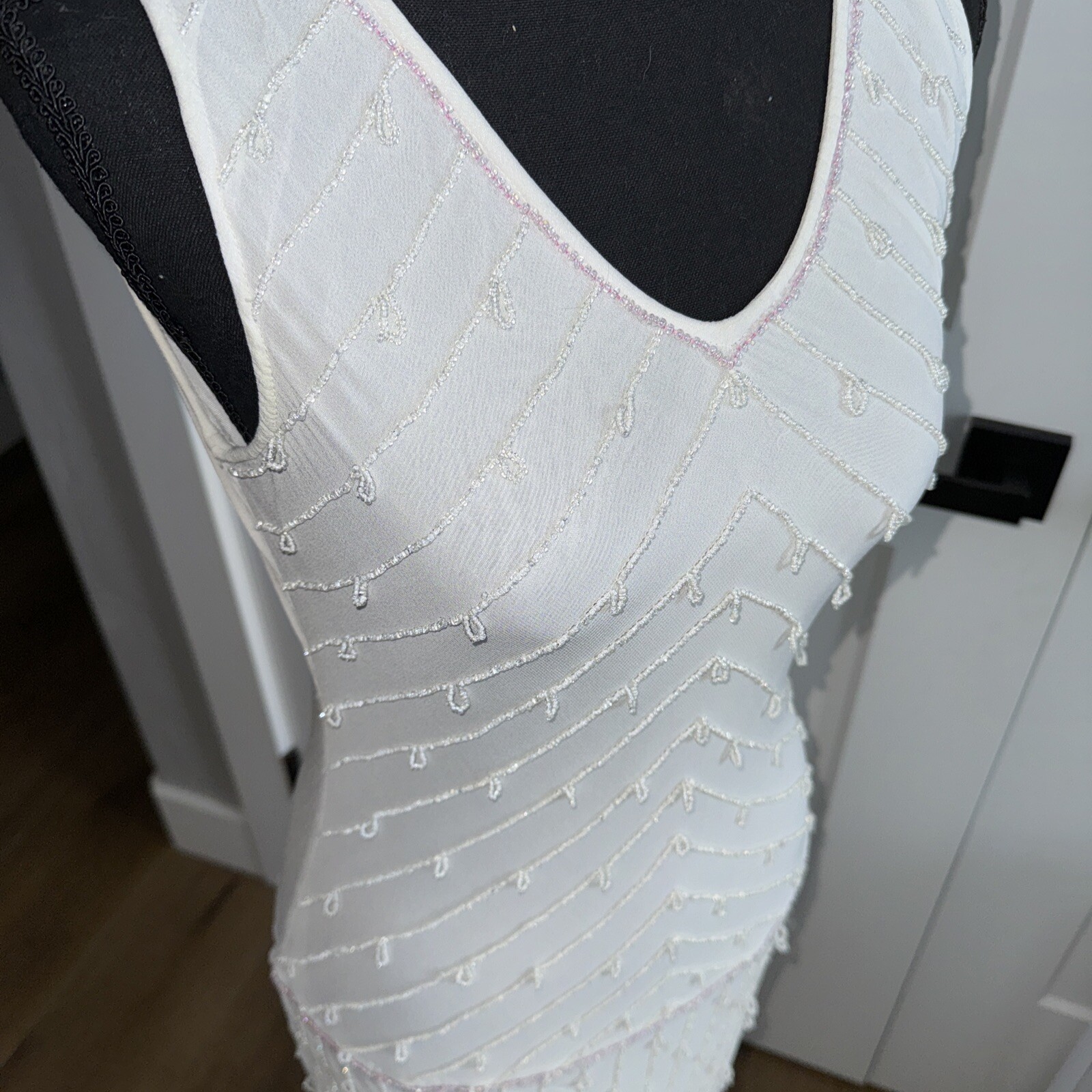 Vintage White Papillon Dress Beaded Fairycore Pink Flapper Rayon Wedding Y2K Sm
