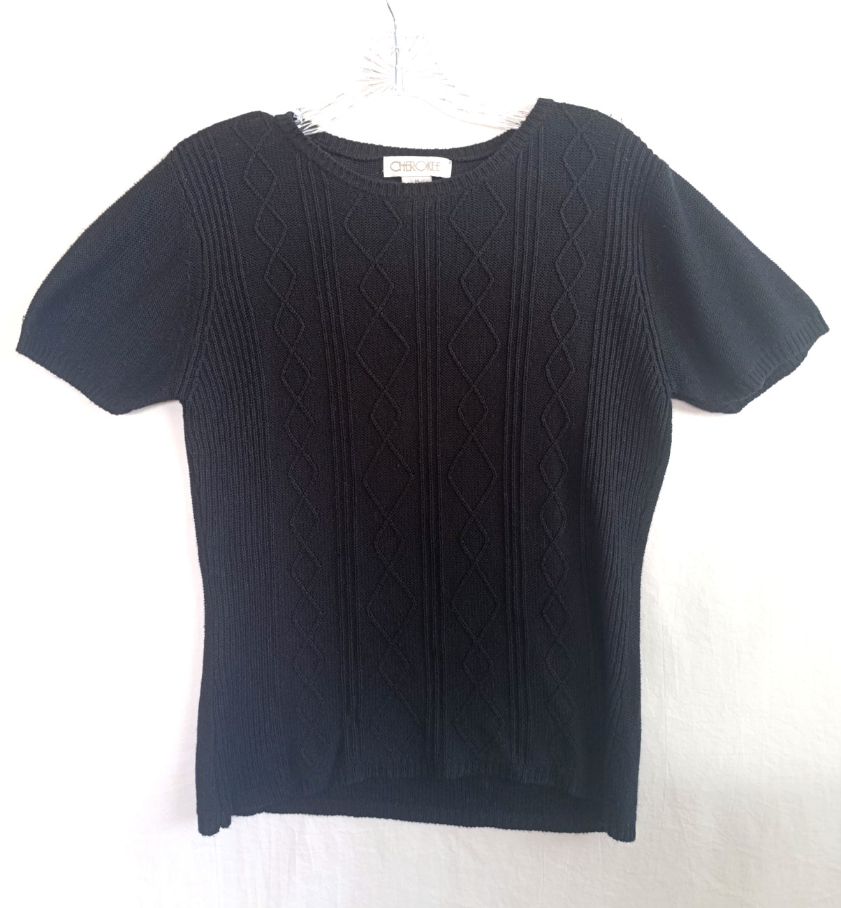 Vintage 90s CHEROKEE Silk Black Short Sleeve Knitted Top Blouse Sweater Size M