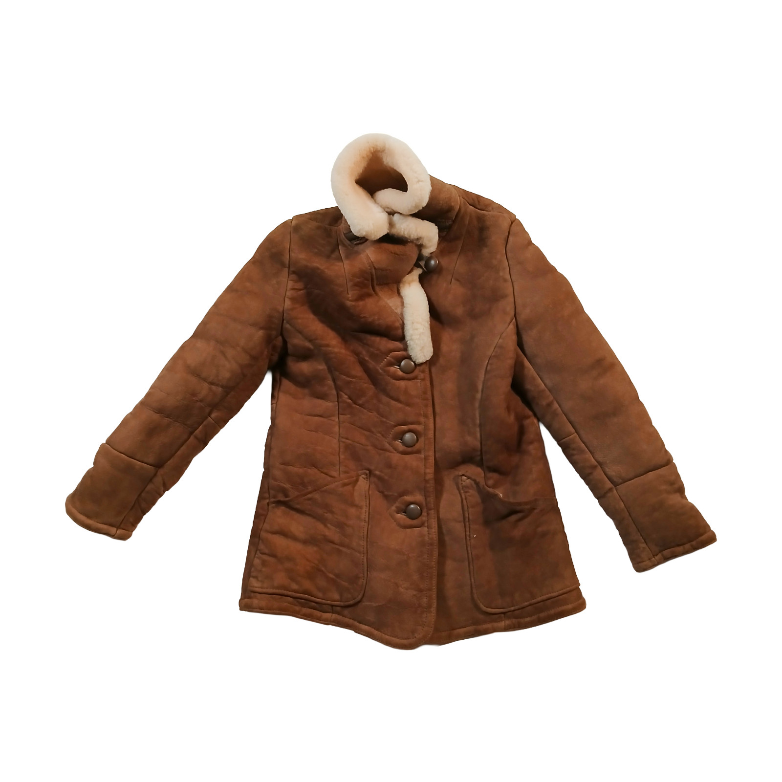 Knight Tailors Shearling Sheepskin Coat Womens 34 XS Brown Suede Vintage 70s 80s