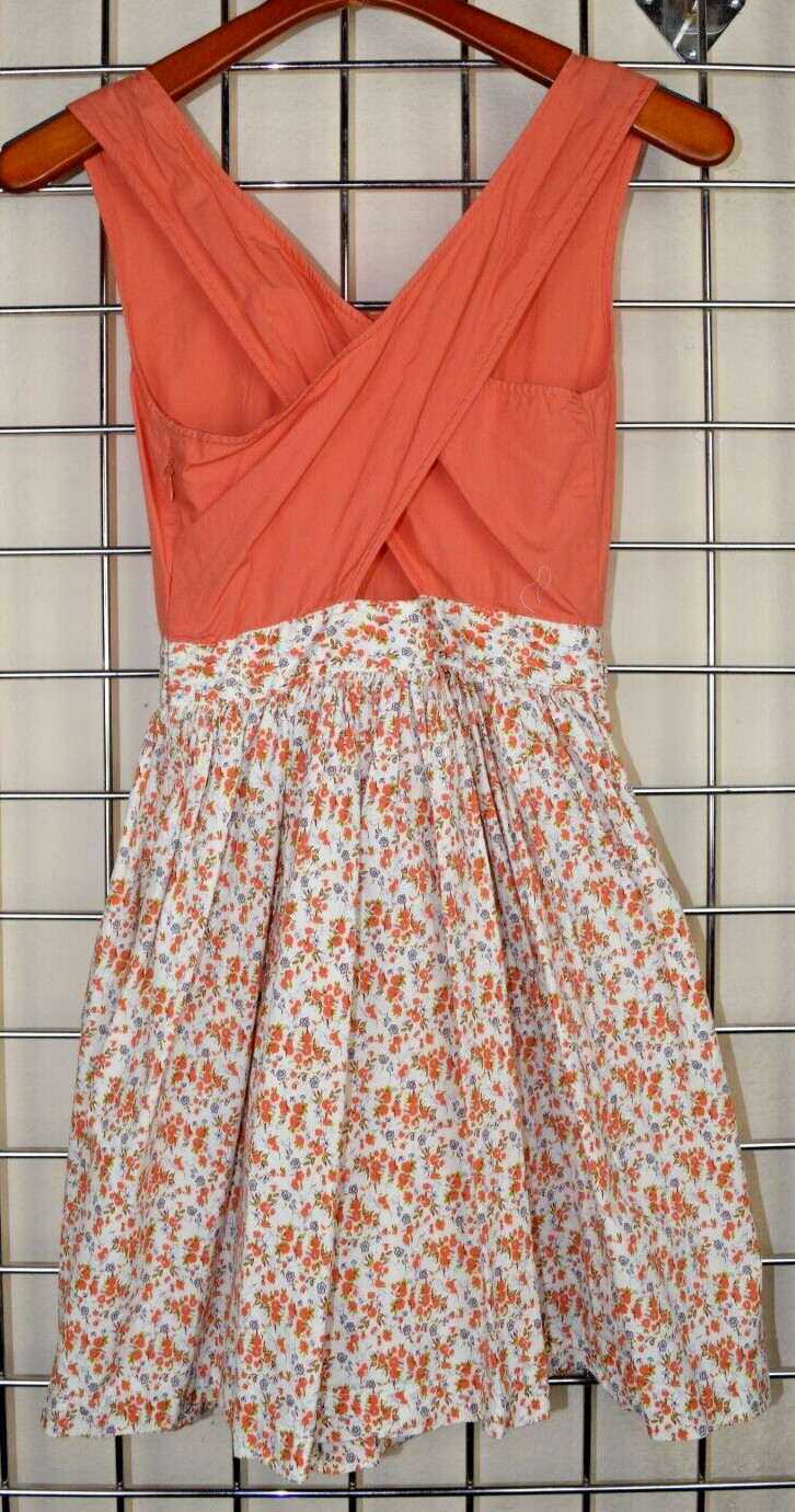 Vintage Dress Size S 70s Peachy Orange White Floral Skirt Crisscross Back