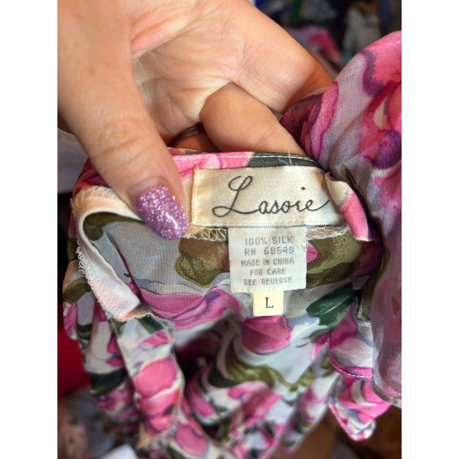Lasoie SILK Pink Floral Rose Flutter Sleeve Nightgown 2 Piece Lingerie VTG L