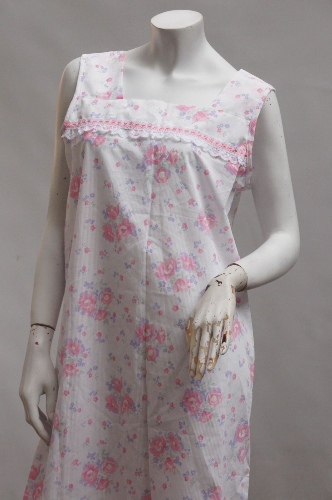 Vintage 60s Floral Nightgown Dress Medium Woven Cotton Blend Mid Century 1960s