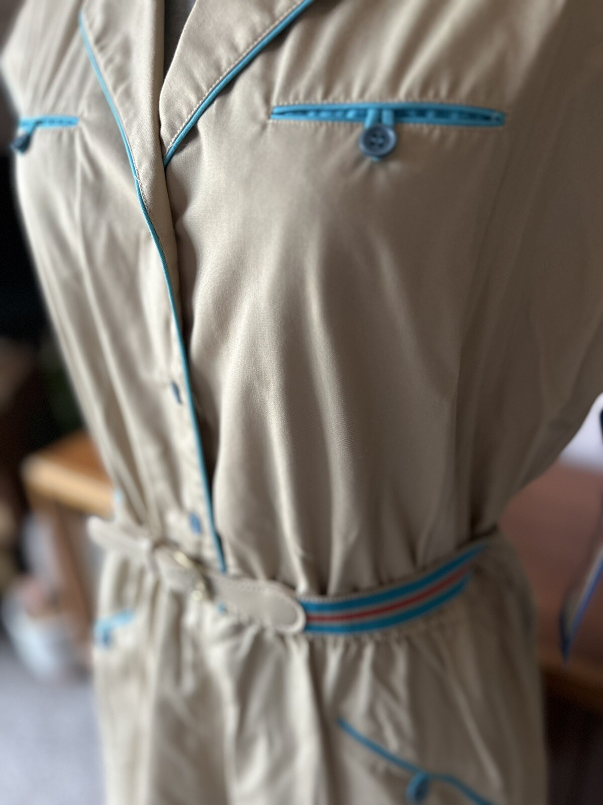 NWT Vintage Women’s Safari Dress 16 XL Tan w/Teal Midi Miss Joni 70’s & Belt